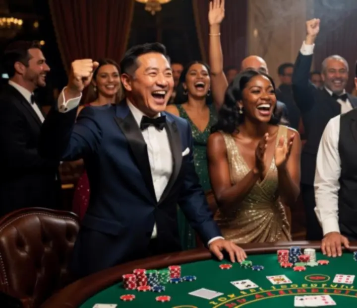 Gäste lachen gemeinsam an einem Blackjack-Tisch während eines Casinoabends