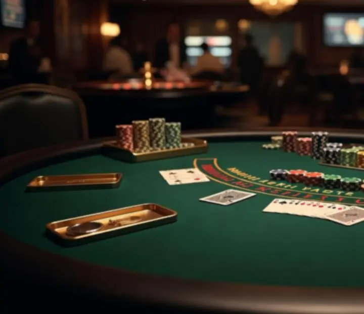 Stimmungsvoll ausgeleuchteter Blackjack-Tisch mit professioneller Ausstattung