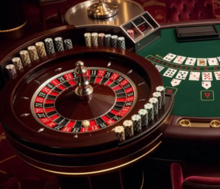 Professionell aufgebaute Casino-Tische mit Roulette- und Blackjack-Setup
