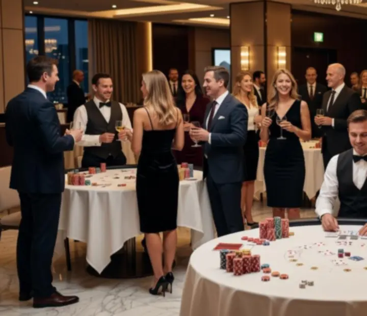 Eleganter Casinoabend bei einem Firmenevent mit stilvoll dekorierten Spieltischen.