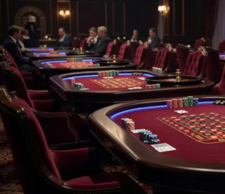 Glamouröser Casino Floor mit Roulette-, Blackjack- und Pokertischen