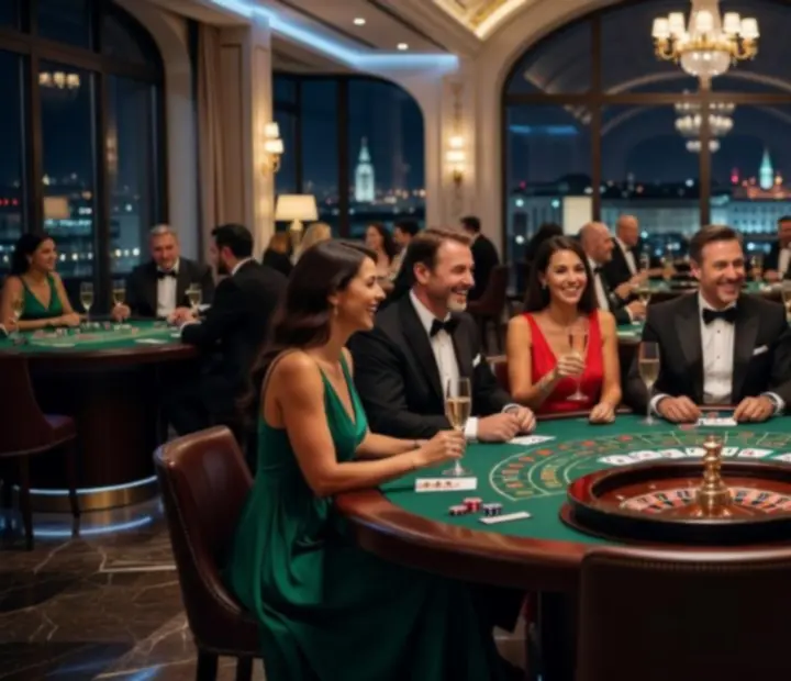 Luxuriöser Casinoabend mit eleganten Spieltischen und Gästen