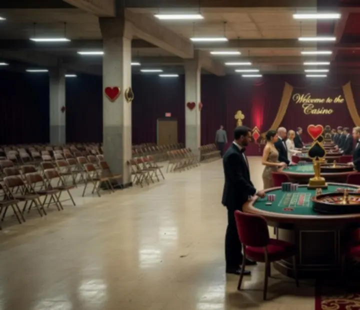 Eventteam verwandelt einen Veranstaltungsraum in ein Casino-Setting