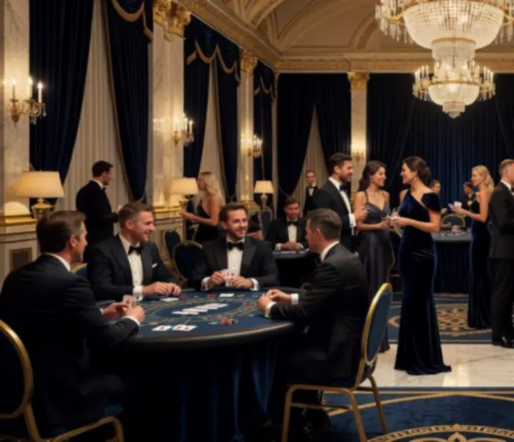 Elegante Casino-Eventlocation mit Spieltischen und stimmungsvoller Beleuchtung
