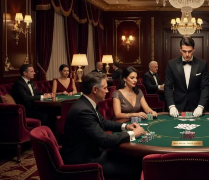 Private High Roller Lounge mit edlen Sesseln, Casino-Tischen und stimmungsvollem Licht