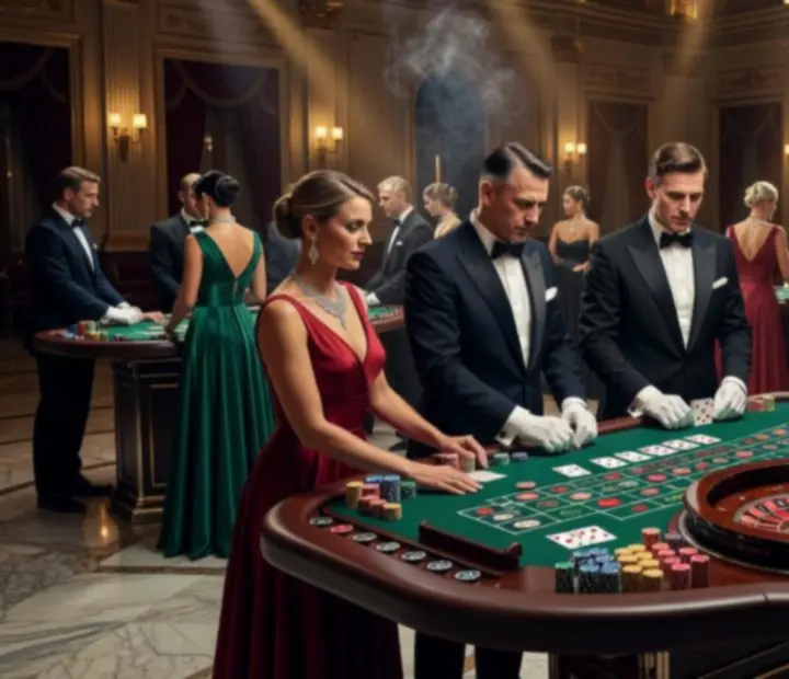 Elegante Blackjack- und Roulette-Tische in moderner Nightlife-Atmosphäre