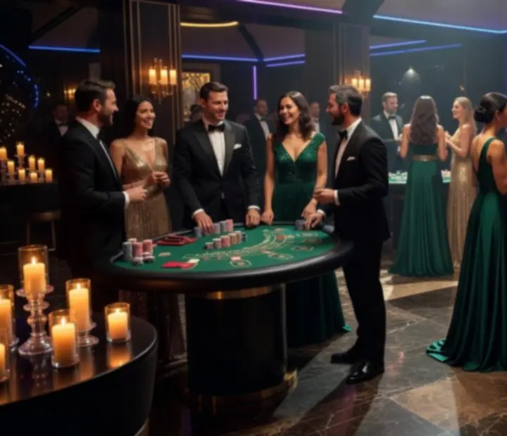 Stilvolle Casino-Nightlife-Szene mit eleganten Gästen und Spieltischen