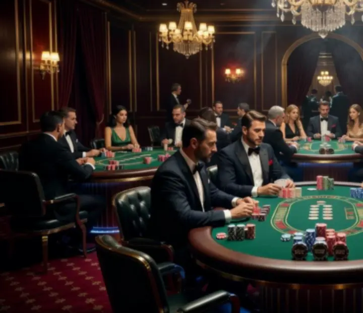 Veranstaltungsort, der in eine Poker-Lounge mit professionellen Tischen verwandelt wurde