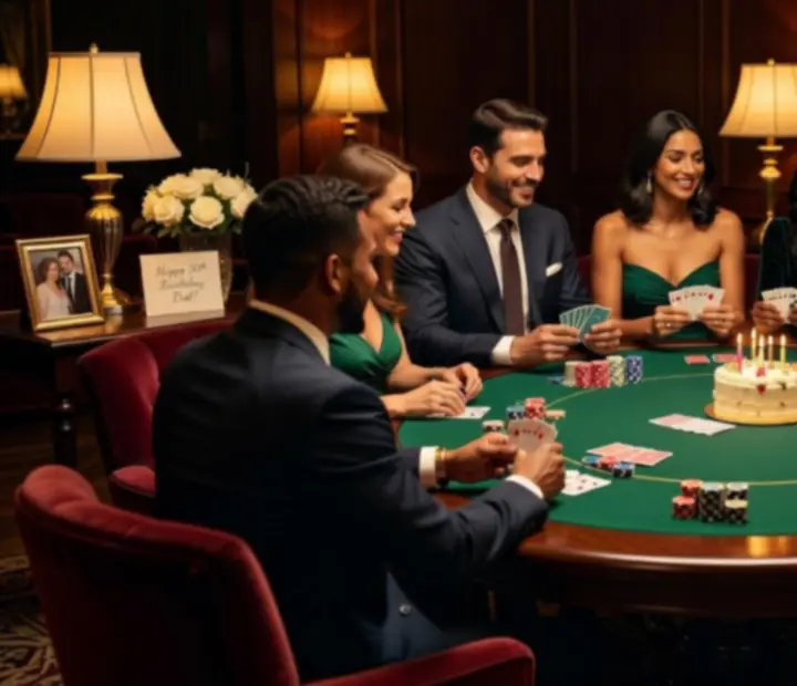 Private Feier mit Casino-Tischen und festlich gekleideten Gästen