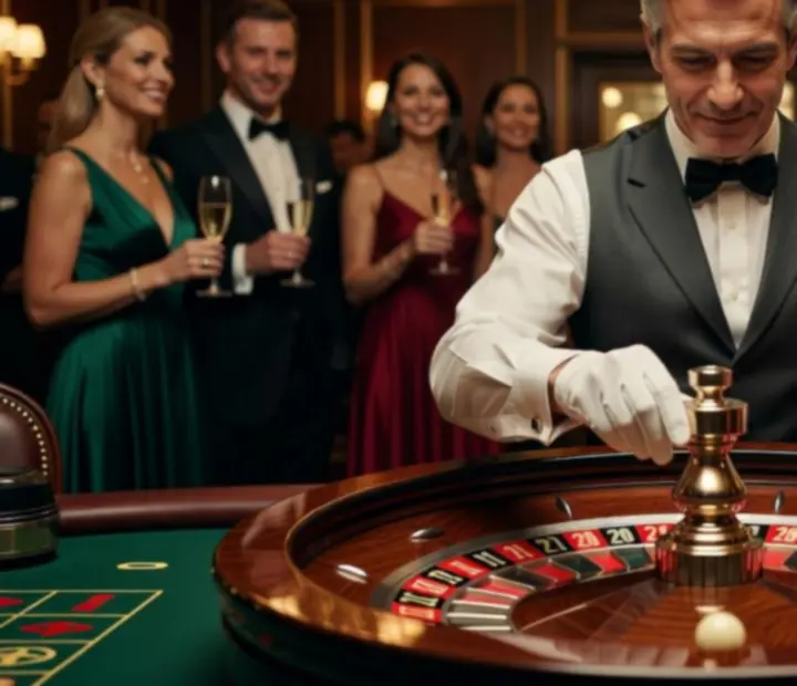 Professioneller Croupier am Roulette-Tisch f&uuml;hrt G&auml;ste elegant ins Spiel ein