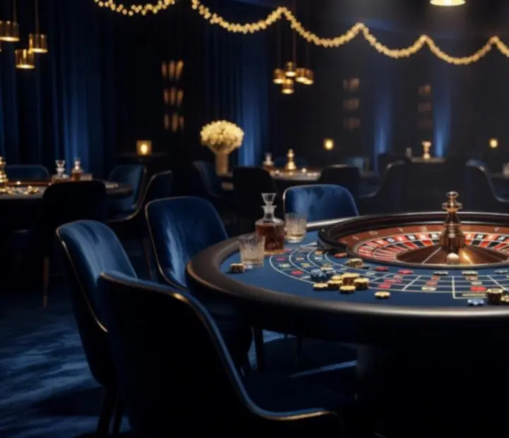Roulette-Tisch in stimmungsvoller Lichtatmosph&auml;re mit farbigen Spots und Dekoration