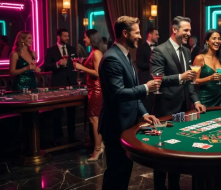 Roulette- und Blackjack-Party mit Neonlicht und feiernden Gästen
