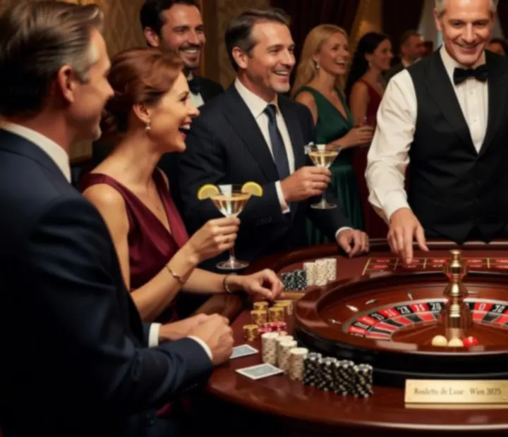 Stimmungsvolle Fotografie eines Roulette-Events mit elegant gekleideten G&auml;sten und beleuchtetem Tisch