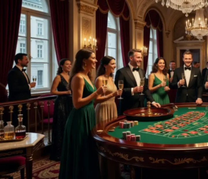Elegante Roulette-Atmosph&auml;re mit beleuchtetem Tisch und G&auml;sten in Abendgarderobe