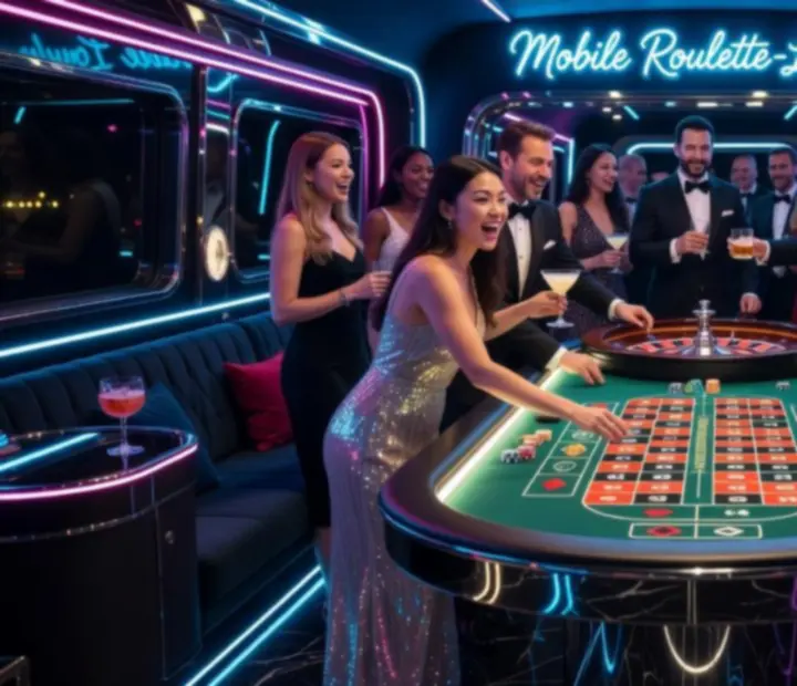 Mobile Roulette-Lounge mit beleuchtetem Roulettetisch auf einem Event.