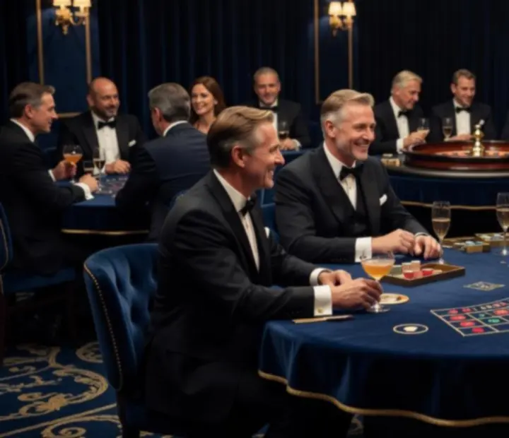 Elegantes VIP Casino-Ambiente mit stimmungsvoller Beleuchtung und Gästen in Abendgarderobe